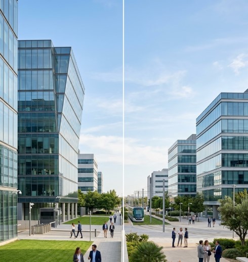 Vistas de las avenidas, edificios de oficinas y el entorno corporativo del Parc Empresarial en Viladecans